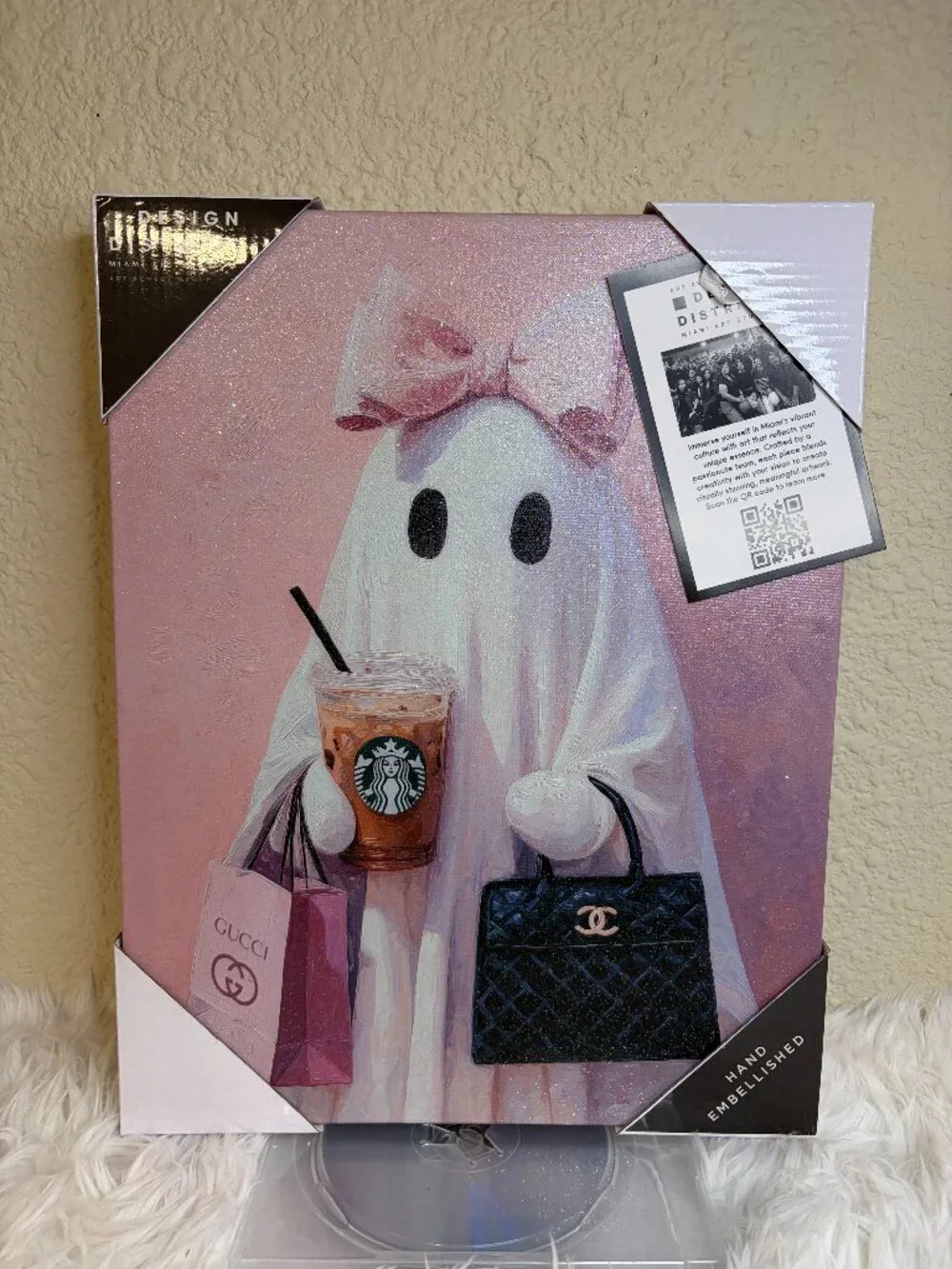 Ghost Fashionista Pink Halloween Canvas Wall Art 11x14 Glitter